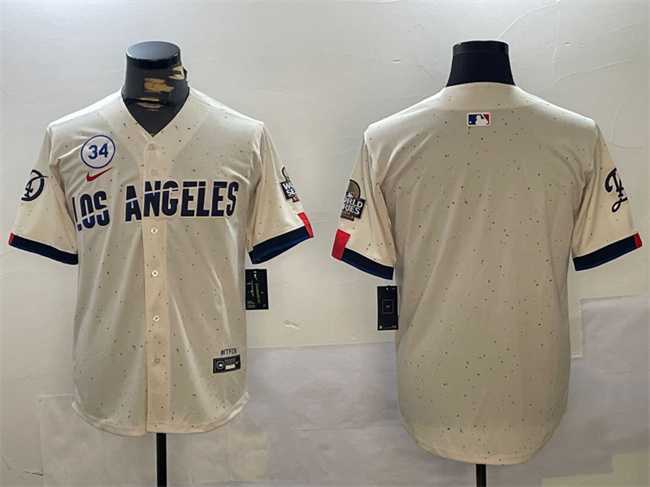 Mens Los Angeles Dodgers Blank Cream 2024 World Series With No. 34 Patch Limited Stitched Baseball Jersey